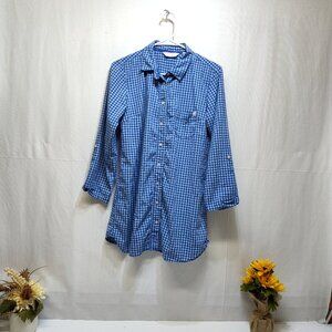Victorias Secret Blue Gingham Med Button-Up Shirt Dress Long Sleeve Roll Up Tabs
